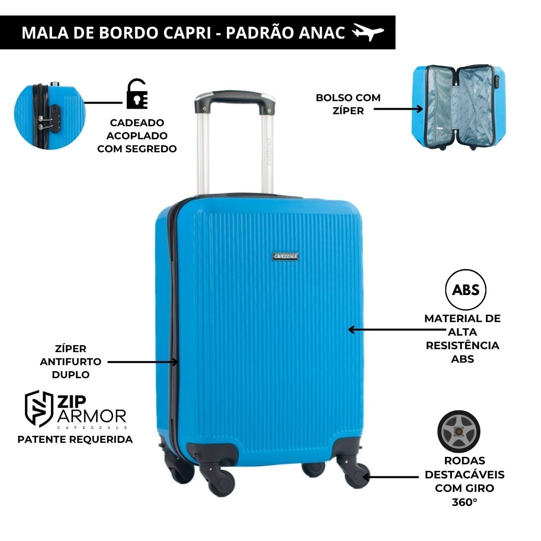 Mala de Bordo 10 Kg ABS 4 Rodas Antifurto Cavezzale Capri Azul 101716